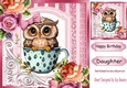 Cute Owl In A Teacup With Peach and Red Roses 8x8 (Pink)