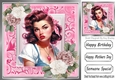 Pretty Vintage Pin-up Girl With Pink/White  Roses 8x8 (Four)