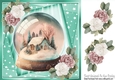 Pretty Snow Globe Cottage And Pink/White Roses Turq Stars 8x8 (Three)