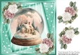 Pretty Snow Globe Cottage And Pink/White Roses Turq Stars 8x8 (Four)
