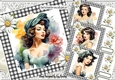 4 Gorgeous Raven Hair Pinup Girls/Black Ginham & Daisies 8x8 Mini Kit