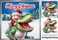 Christmas T Rex With Santas Elf In Snow Scene 8x8 (Two)