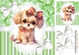 Cute Brown Puppy On Lace/Green Stripe 8x8 With Bows