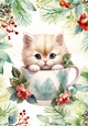 Cute Kitty In A Teacup Red Berry & Holly A4 Frame (Two)