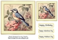 Pretty Blue Bird, Pink Flowers, Cream Frame 7x7 Three