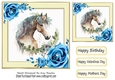 Pretty Horse, Blue Roses, Cream Frame 7x7 Three