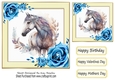Pretty Horse, Blue Roses, Cream Frame 7x7 Four