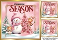 Pink Christmas With Tree & Snowman & Friends With Words 8x8