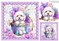 Cute White Puppy In Basket Of Purple Roses 8x8 (One)