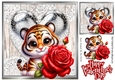Cute Valentine Tiger With Silver Heart & Roses 8x8
