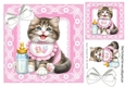 Sweet Kitty With Milk Bottle & Bow, Pink lace 8x8 Frame (Three)