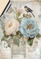 Pretty Blue/Peach Flowers & Bird On Script A4