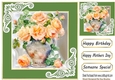 Pretty Peach Roses In Vase With Satin & Ornate Corners Green 8x8 (THREE)