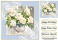 Pretty Cream Roses In Vase With Satin & Ornate Corners Blue 8x8 (FOUR)