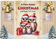 Beige Gate Fold With Cute Owl Family With A Christmas Tree & Bells