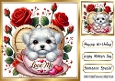 Cute White Puppy In Teacup With Roses, On Wooden Heart 8x8 (Three)