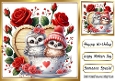 Cute Pair Of Owls In A Teacup With Roses On Wooden Heart 8x8