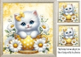 Cute White Kitty Yellow Bow With Daisies 8X8 Toppers