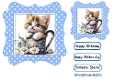 Blue Wavy Polkadot 7X7 Card Front With Kitten & Flowers