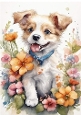 Lovely Little Puppy With Coloured Flowers A4