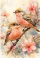 Pretty Birds On A Branch With Flowers A4