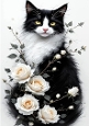 Beautiful Black And White Cat, With Cream Roses A4
