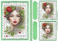 Modern Art Elegant Lady In Green, With Red Rose White Lace A5 Card