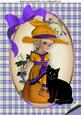 Little Pumpkin Girl in Purple with Black Cat A4