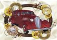 1936 Red Sedan Car in Clock Steampunk Frame A4