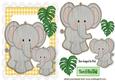 Wooden Elephant with Baby, Leaves in Scalloped Frame