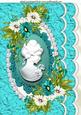 Turq Lady Cameo with Spring Flowers on Scalloped Card A4