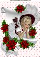 Pretty in Her Red Bonnet on Scroll of Red Roses A4