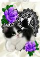 Cute Kitty with Purple Roses on Black/white Lace Heart A4