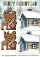 Teddy with Reindeer in the Snow with Cottage