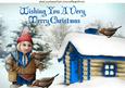 Gnome Feeding Birds in Blue with Cottage A4