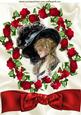 Vintage Lady in Big Hat in Red Rose Frame A4