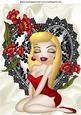 Blond Babe on Black Lace Heart with Flowers A4