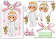 Cute Baby Girl in White Babygro with Dummy on a Tag