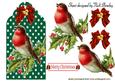 Vintage Robin on Holly on a Dark Green Tag