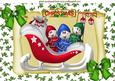 Elves in Santa Sleigh on Scroll with Holly A4