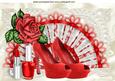 Red Shoes with Roses on Lace Fan A4