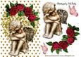 Little Stone Cherub with Red Roses and Butterflies