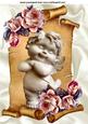 Cute Cuddly Cherub with Peach Roses on a Scroll A4