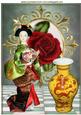 Pretty Oriental Lady with Vase & Red Rose A4