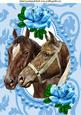 Horses with Blue Roses in Ornate Frame A4