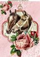 Vintage Horses with Pink Roses in Ornate Frame A4