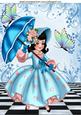 Pretty Girl with Turq Parasol & Butterflies A4