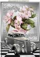 Pretty Pink Flowers with Silver Vintage Car A4