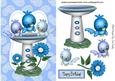 Blue Birds in a Bird Bath with Flowers
