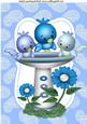 Blue Birds in a Bird Bath with Flowers A4